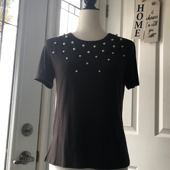 Zara Ladies Gorgeous Black Short Sleeve Top with Pearls, all Pearls Intact EUC - Picture 2 of 5